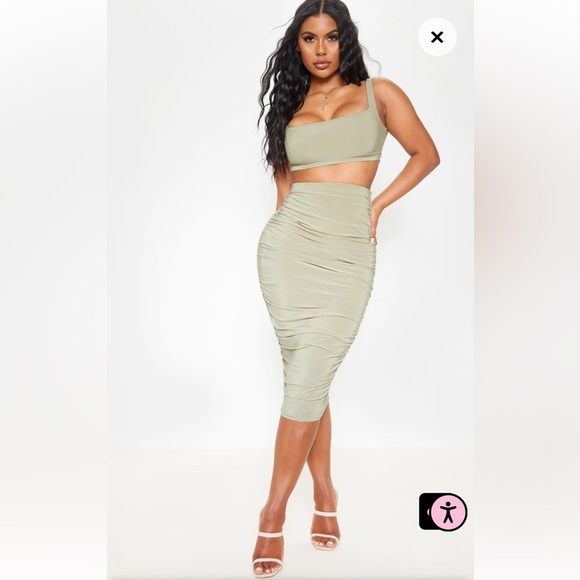 Pretty Little Thing Sage Green Slinky Second Skin Ruched Midi Skirt size US 6/ M - Picture 5 of 9
